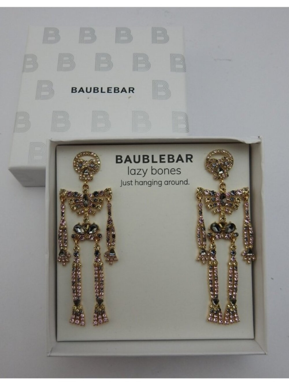 New BaubleBar Lazy Bones Skeleton Rhinestone Drop Earrings Halloween Gothic Box